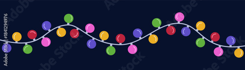 Festive garland with colored round light bulbs. Decoration for holiday party, Christmas or New Year. Hand drawn vector illustration isolated on black background. Modern flat cartoon style.