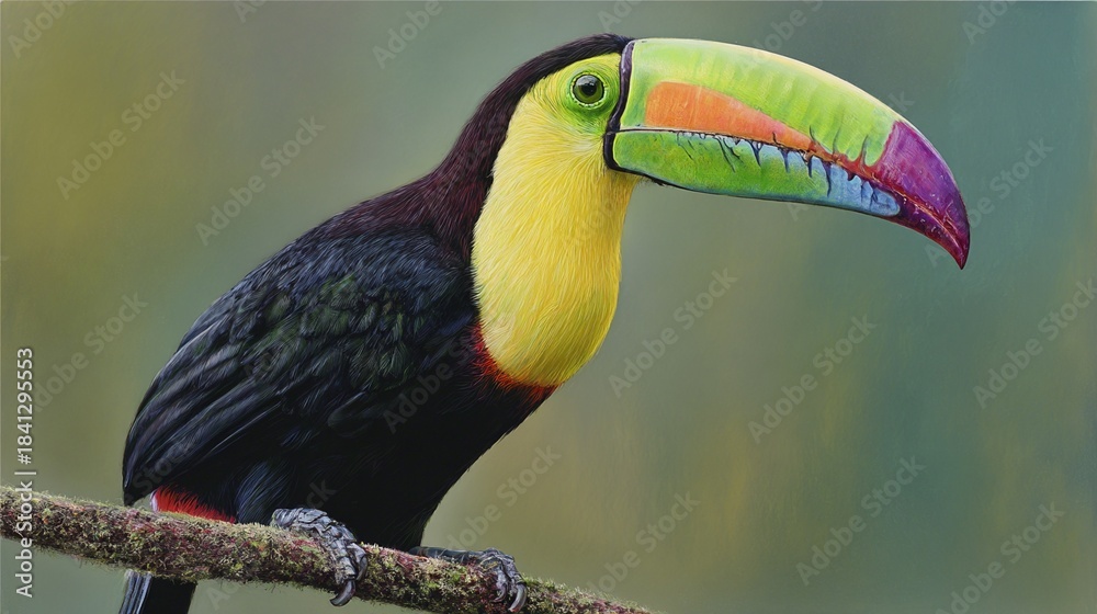 Fototapeta premium Vibrant Keel-billed Toucan perched on branch, showcasing its iconic large multicolored beak against soft green-blue blurred background in stunning wildlife close-up