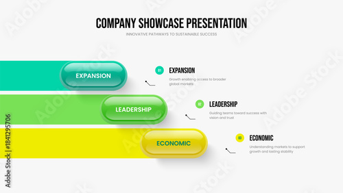 Enterprise Innovation Three Option Diagram Slideshow Template. Professional Review Frame Design Vector Illustration. Company Launch 3 Element Infographic Slide Layout.