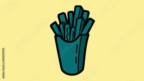 Illustration of a container filled with french fries.