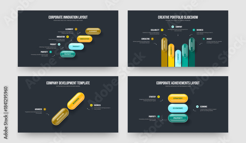 Financial Profile Four Five Two Three Step Diagram Presentation Layout Vector Illustration Bundle. Marketing Planning 4 5 2 3 Option Infographic Slideshow Template Collection.
