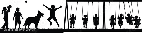 Black Silhouette of Happy Children Playing with a Dog and on Swings in a Park or Playground, Illustrating Childhood, Fun, and Friendship