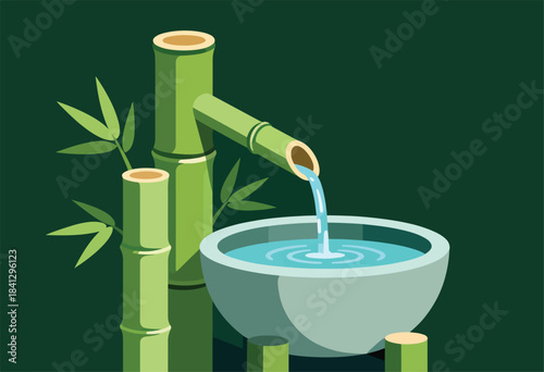 Tranquil bamboo fountain cascades water into a stone basin, creating ripples