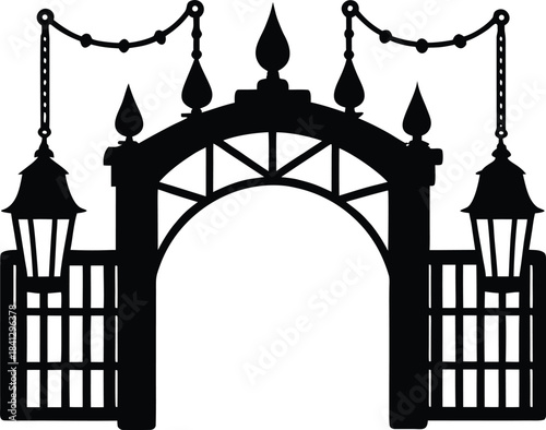 Ornate gate with decorative hanging lanterns creating a welcoming entrance