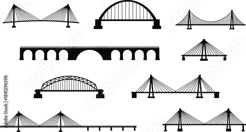 Collection of various bridge silhouettes and icons suspension, cablestayed, arch, and beam bridges