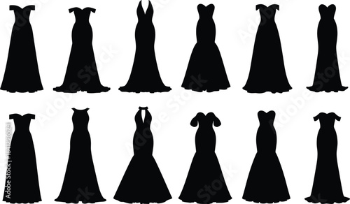 Collection of twelve black silhouettes of various womens formal evening gowns and dresses