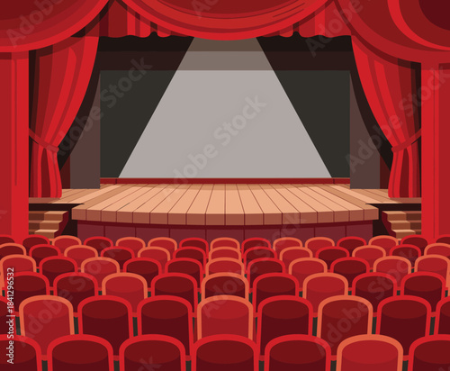 Empty Theatre Stage Vector Illustration with Red Curtains, Audience Seating and Spotlight, Classic Opera House or Entertainment Scene Background for Performance, Drama, and Show Concepts