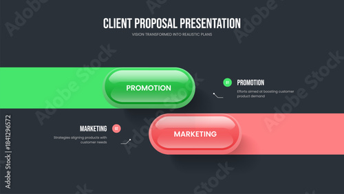 Marketing Introduction 2 Step Infographic Frame Template. Professional Overview Two Element Diagram Presentation Layout. Creative Insight Slideshow Design Vector Illustration.