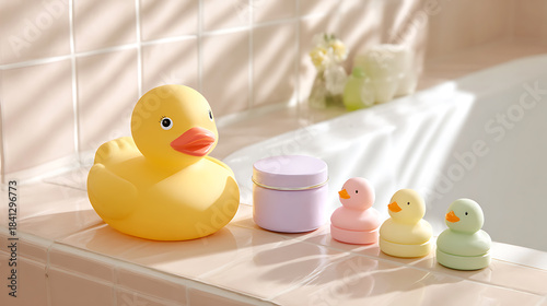 Yellow rubber duck and pastel baby bath toys on a bathtub edge in soft morning sunlight. Cozy bathroom interior, playful and clean atmosphere for kids.
