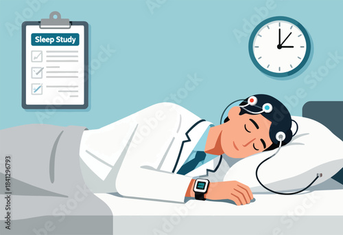 Man sleeps with electrodes attached to head during a sleep study, monitored by a clock