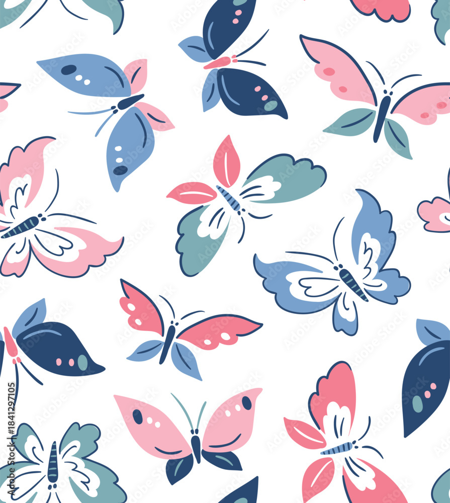 Fototapeta premium Vector vintage butterfly seamless pattern. Illustrated stylized butterfly isolated on the white background. Elegance summer insect repeat print design in asian style.