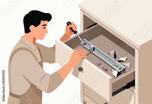 Person fixing an opened drawer with a screwdriver, screws and parts scattered inside