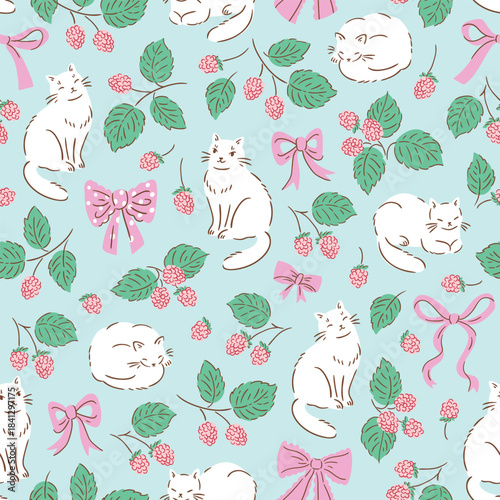 vector coquette cat seamless pattern in delicate colors. Stylish illustrated berry, bows and cats on light blue background. Preppy animal repeat pattern design for baby textile or wallpaper.