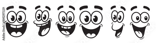 Wehappy cartoon faces with wide smiles and big eyes smiling