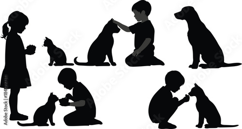 Silhouettes of children interacting with cats and dogs in various poses