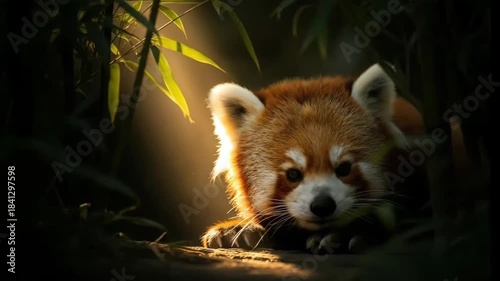 Close up of a red panda among green foliage, looking attentive. Wild animal habitat. Nature conservation concept.