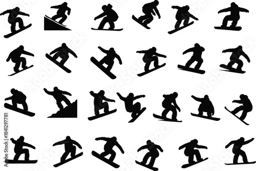 Snowboarder silhouette illustration, action poses, extreme sport, black icons, dynamic tricks, vector art, cad drawing flat vector illustration