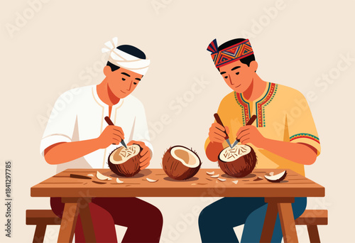 Two men in traditional attire carve coconuts on a wooden table