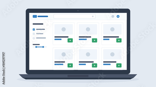 Modern vector UI on laptop for content management or web application with various media elements