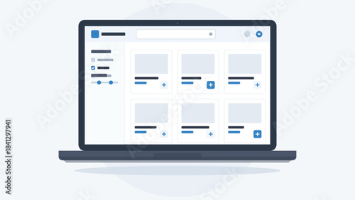 Clean vector user interface on laptop screen displaying various elements for web design applications or content management systems