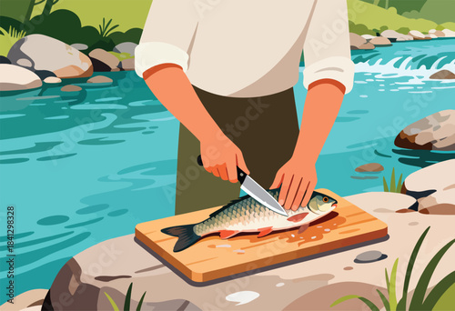 Person preparing fish outdoors by a stream