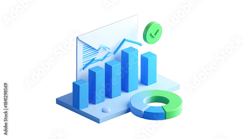 Isometric 3D image of charts, graphs, and a pie chart, with a check mark