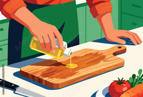 Hands pour oil onto a wooden cutting board with vegetables nearby