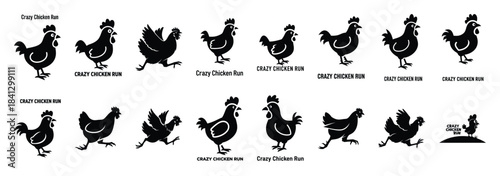 Set of vector crazy chicken run  icon in silhouettes