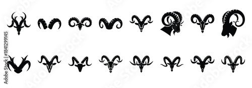 Set of vector crazy goat horn  icon in silhouettes