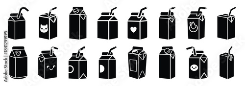 Set of vector cute juice box  icon in silhouettes