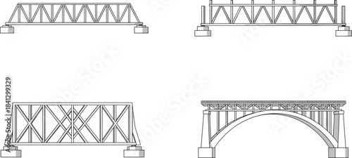 Architectural engineering drawings of different common bridge types, truss and arch structures illustration.
