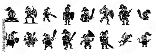 Set of vector funny knight  icon in silhouettes