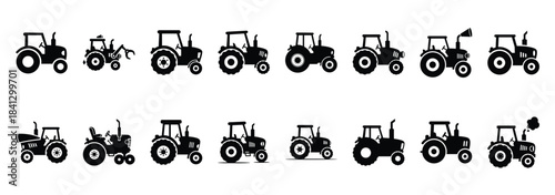 Set of vector funny tractor  icon in silhouettes