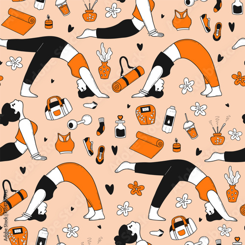 Girl Yoga Seamless Pattern. Sportswoman Doing Stretching, Pilates Poses and Workout Accessories on Orange Background. Hand-Drawn Doodle With Orange Color Accent. Vector Illustration. Not AI