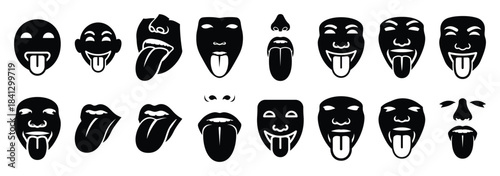 Set of vector funny tongue out  icon in silhouettes