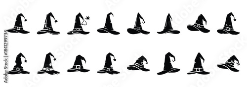 Set of vector funny witch hat  icon in silhouettes