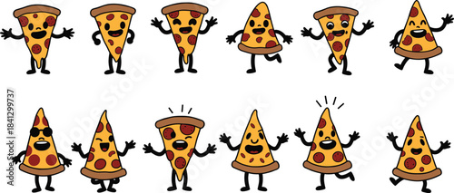 Cartoon pizza slice characters with faces, toppings, sunglasses, mustaches, playful food illustration, anthropomorphic pizza artwork, fun design art