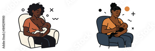 Mother nursing baby in cozy setting surrounded by soft shapes