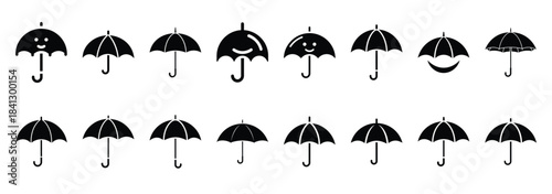 Set of vector happy umbrella  icon in silhouettes