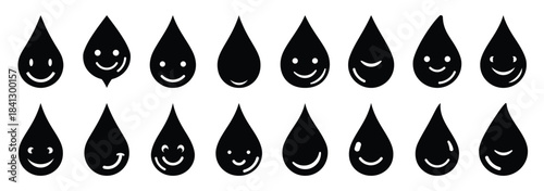 Set of vector happy water drop  icon in silhouettes