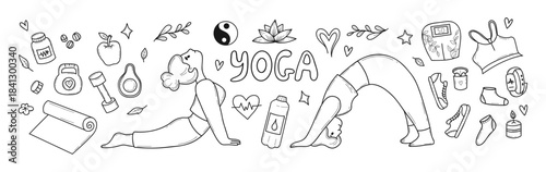 Fitness Yoga Doodle Set. Pilates, Girl Athlete Stretching in Asana. Healthy Lifestyle, Wellness Accessories, Sport Dumbbell And Kettlebell. Isolated Outline Hand Drawn. Vector illustration. Not AI
