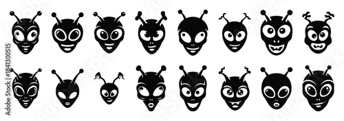 Set of vector silly alien head  icon in silhouettes