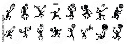 Set of vector silly basketball  icon in silhouettes