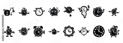 Set of vector silly clock  icon in silhouettes
