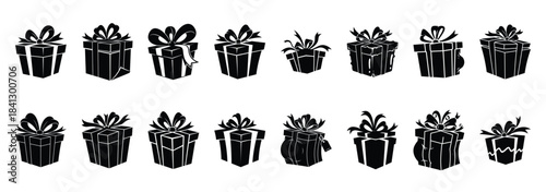 Set of vector silly gift box  icon in silhouettes