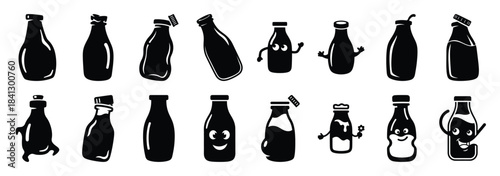 Set of vector silly milk bottle  icon in silhouettes