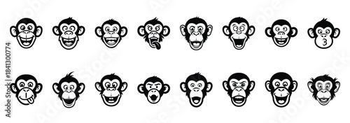 Set of vector silly monkey face  icon in silhouettes