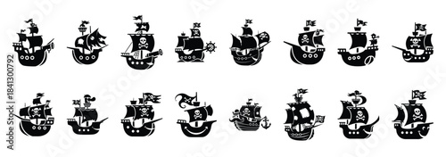 Set of vector silly pirate ship  icon in silhouettes