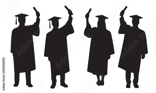  four black silhouettes of graduates in caps and gowns 