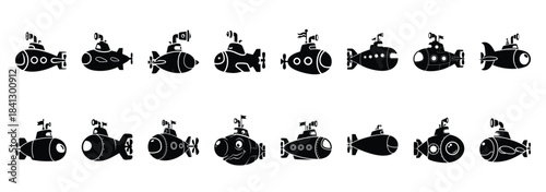 Set of vector silly submarine  icon in silhouettes